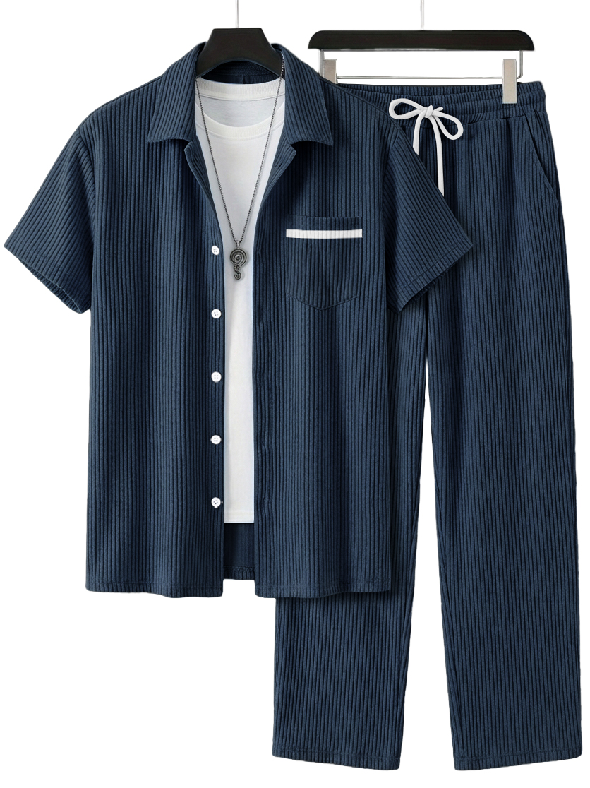 Herren Einfaches Lässiges Geripptes Pocket Kurzarmhemd und Lässige Hose Set OOTD-deurabatt