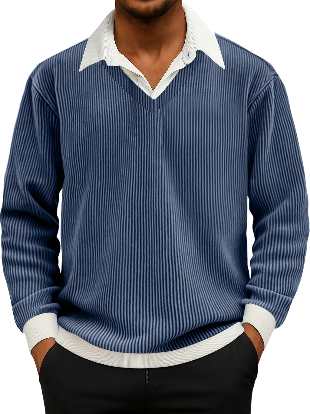 Herren Freizeit Faux Zwei-Teiliges Rippkragen Langarm Sweatshirt-deurabatt