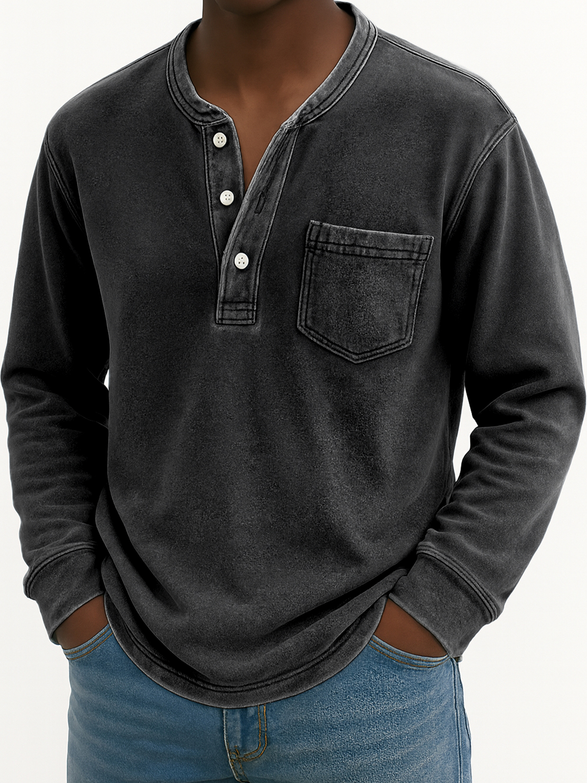 Herren Vintage Abgenutztes Taschen Freizeit Langarm Henley Shirt-deurabatt