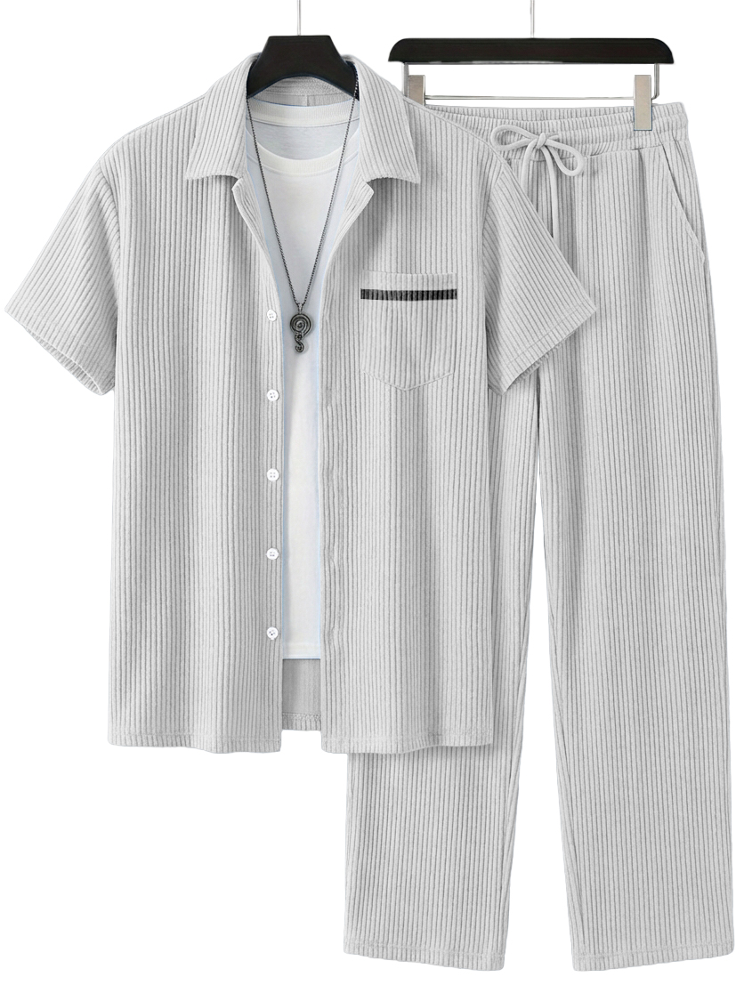 Herren Einfaches Lässiges Geripptes Pocket Kurzarmhemd und Lässige Hose Set OOTD-deurabatt