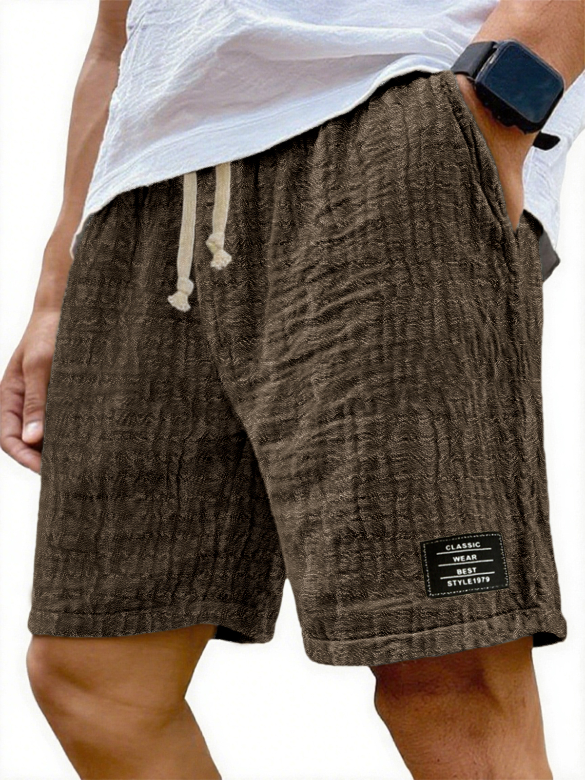 Herren Soft Crinkled Gauze Atmungsaktive Urlaub Bestickte Schnürshorts