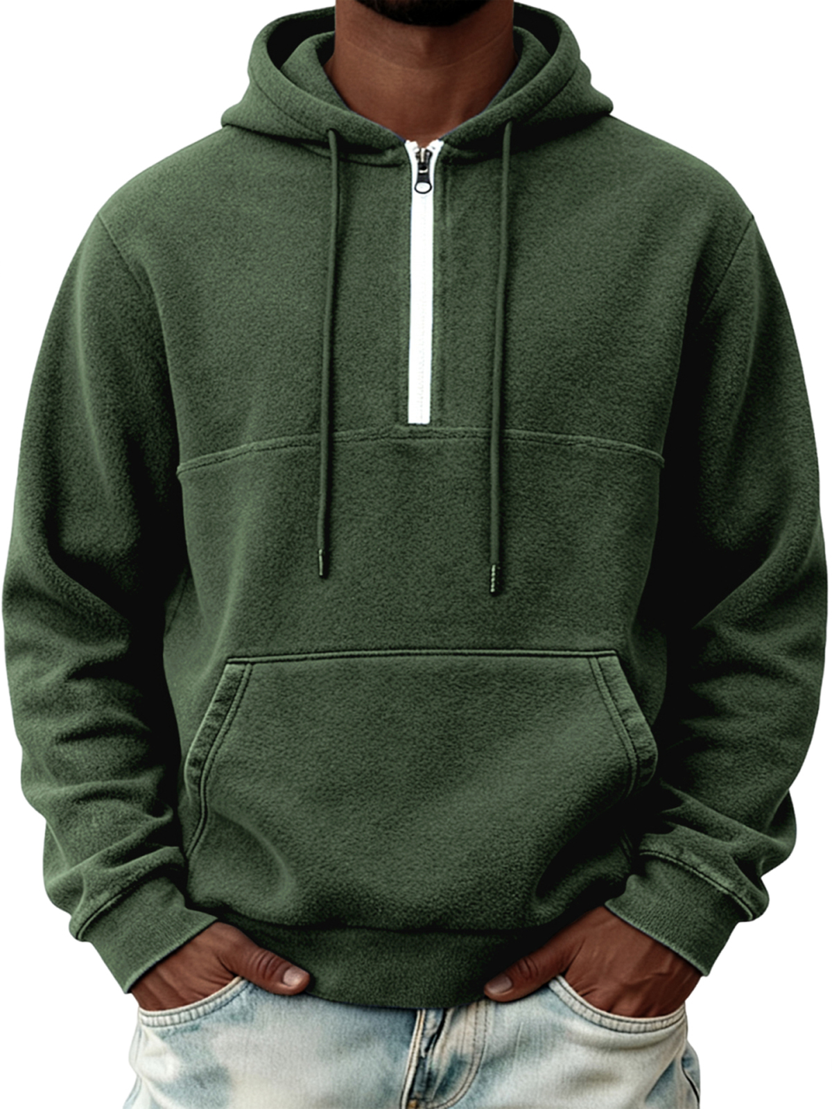 Warmes Herren-Fleece-Sweatshirt mit halben Reißverschluss und Kapuze-deurabatt