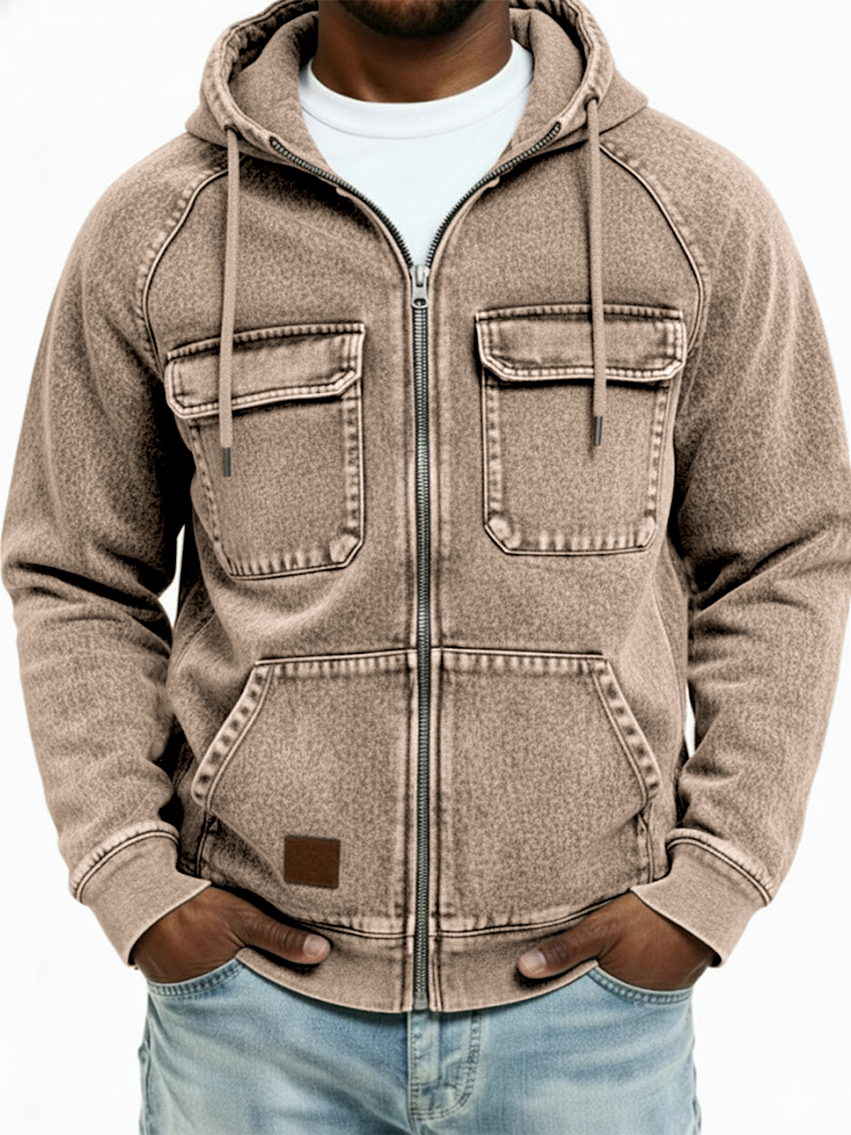 Herren Vintage Abgenutzte Mehrfachtaschen Voller Reißverschluss Kapuzenstrickjacke-deurabatt