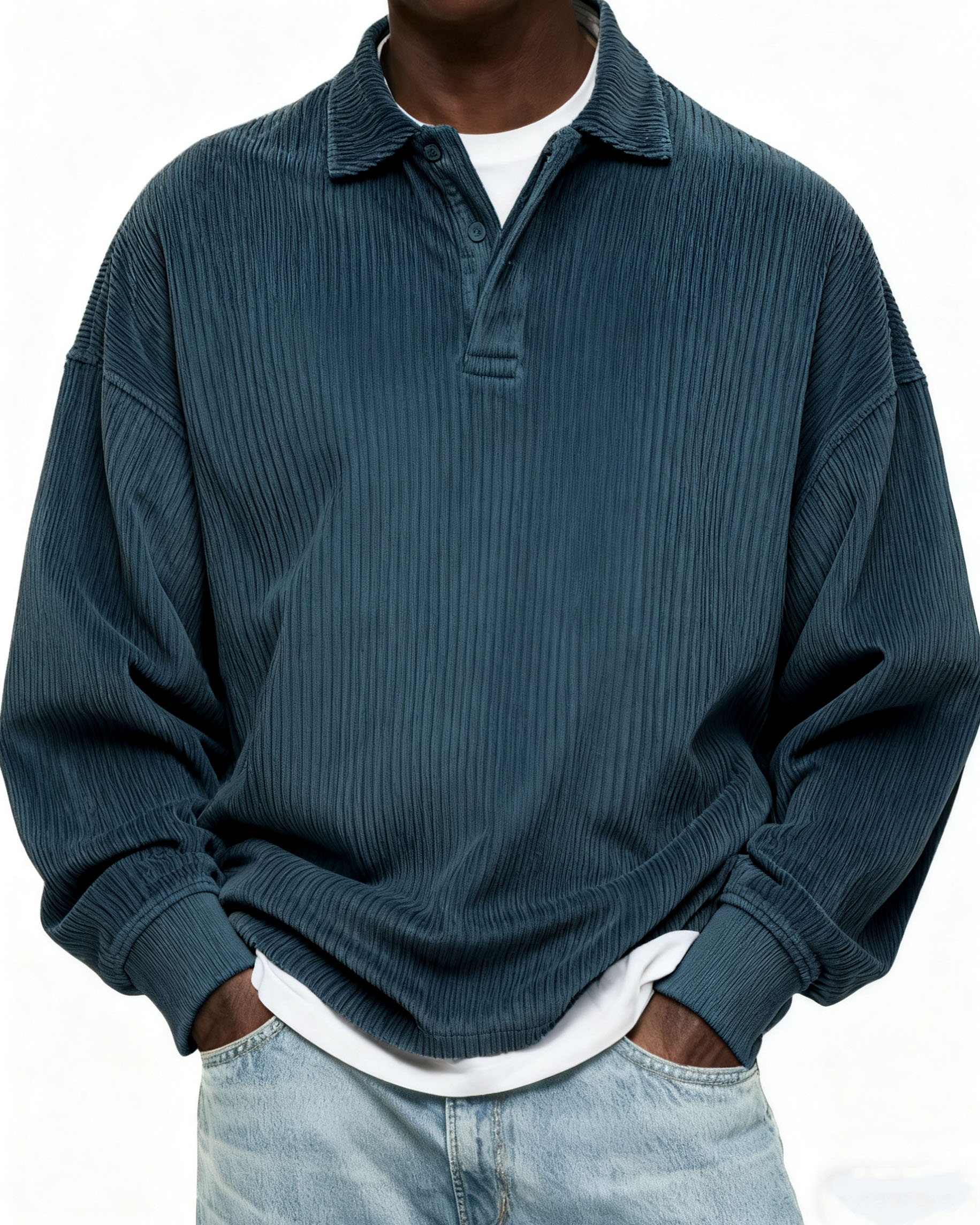 Herren Einfaches Cordstoff Textur Knopf Alltag Pullover POLO Hemd-deurabatt