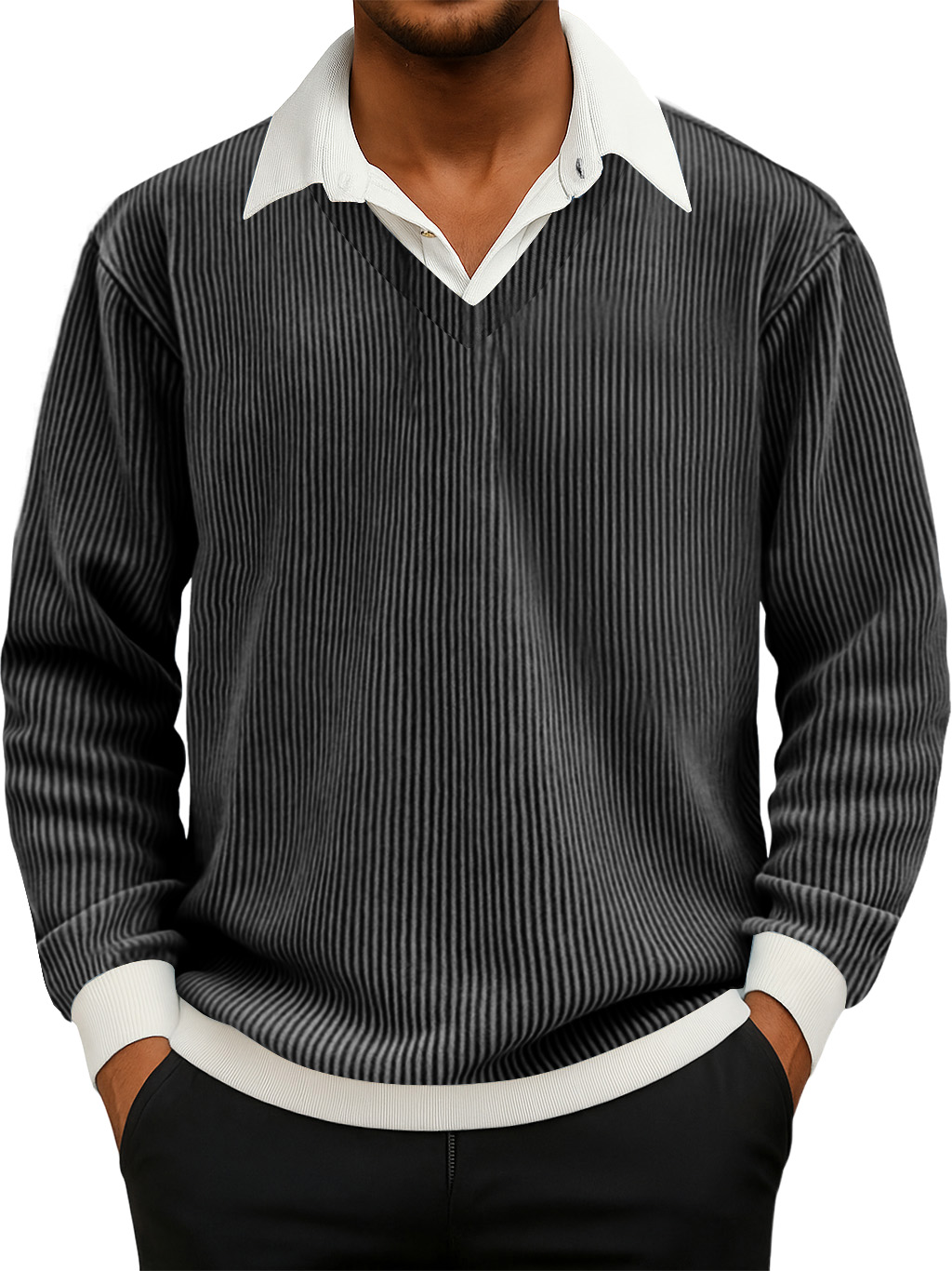 Herren Freizeit Faux Zwei-Teiliges Rippkragen Langarm Sweatshirt-deurabatt