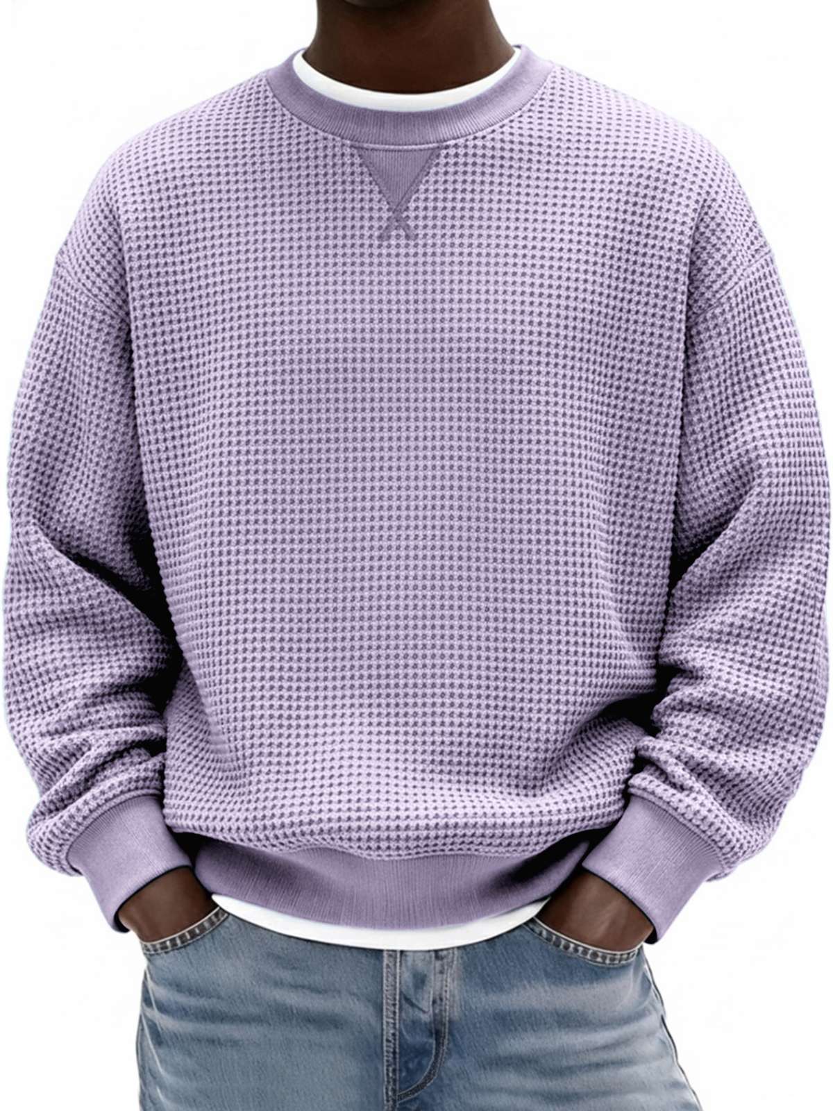 Herren Waffelstruktur X-Stich Rundhals Pullover Sweatshirt-deurabatt