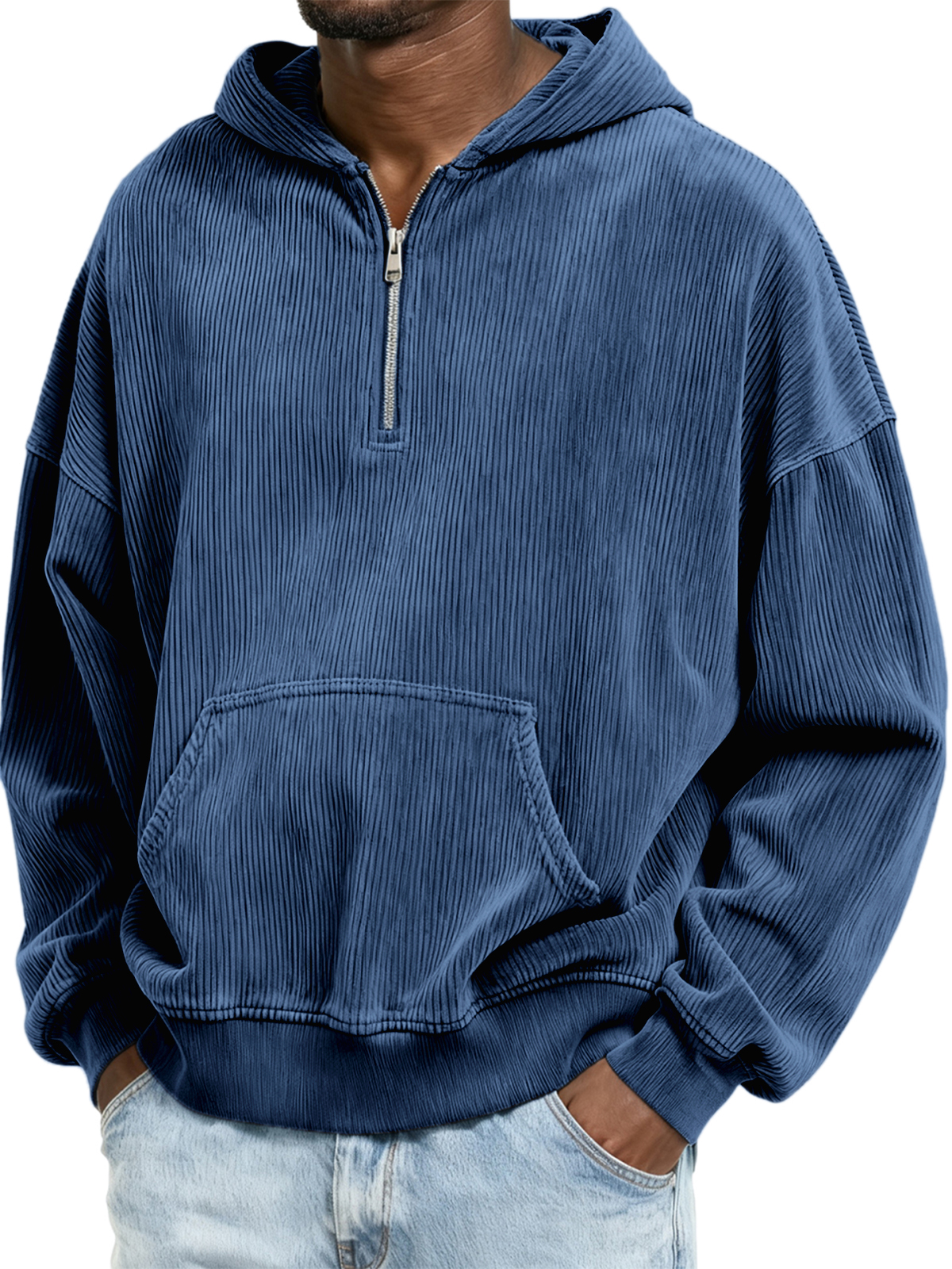 Corduroy-Ripp-Stilvoller Viertel-Reißverschluss-Pullover mit Kängurutasche-deurabatt