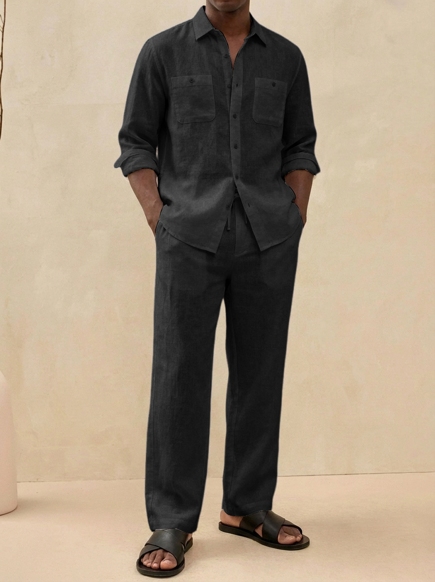 Herren Old Money Stil Freizeit Baumwoll- und Leinenhemd und Hosen Set-deurabatt