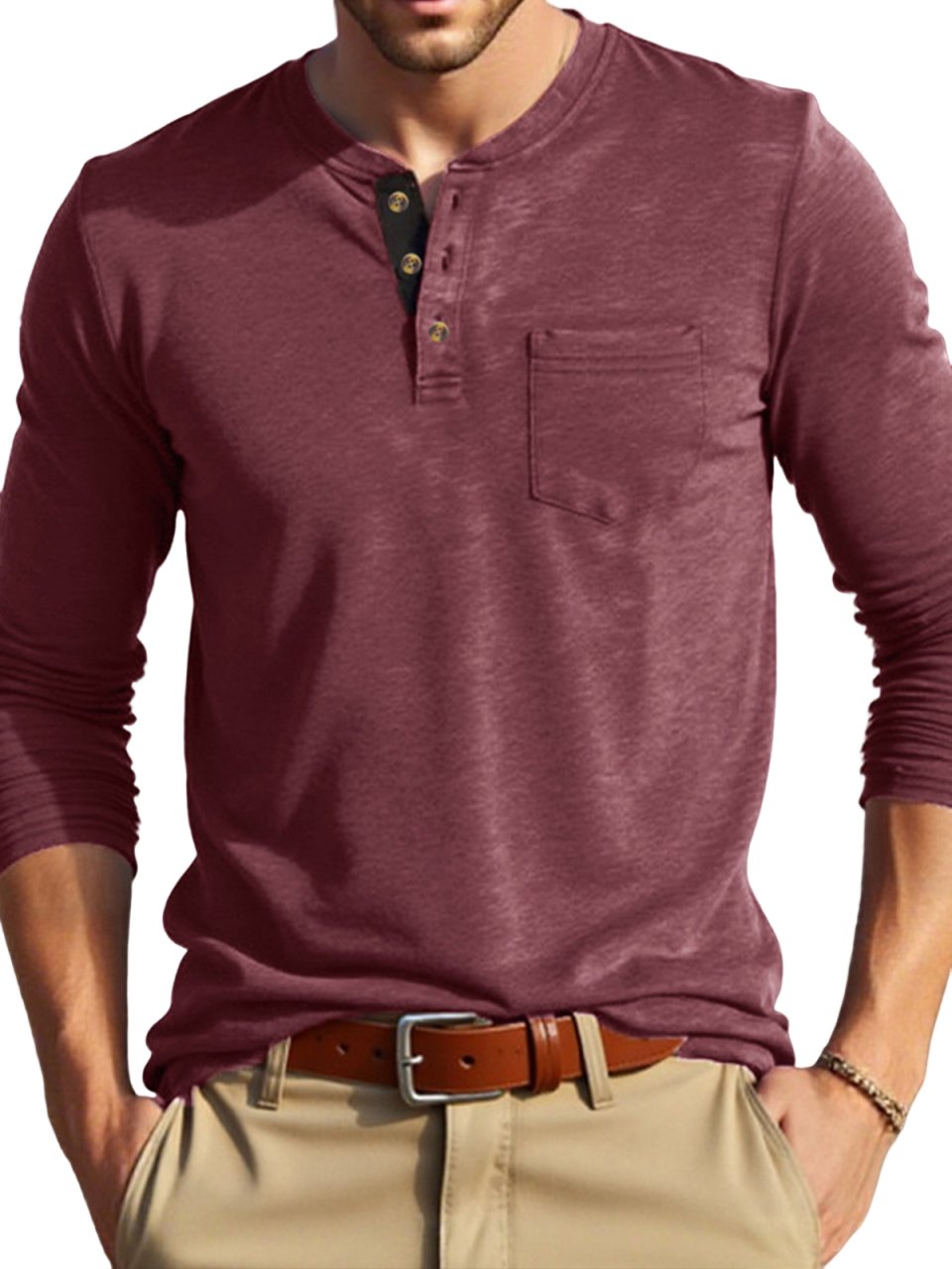 Vintage-Freizeit-Langarm-Henley-Shirt für Herren-deurabatt