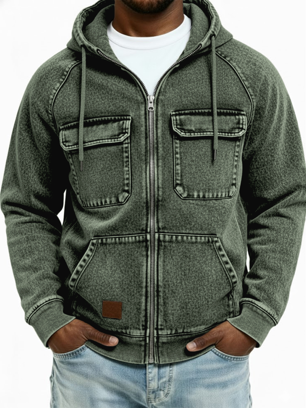 Herren Vintage Abgenutzte Mehrfachtaschen Voller Reißverschluss Kapuzenstrickjacke-deurabatt