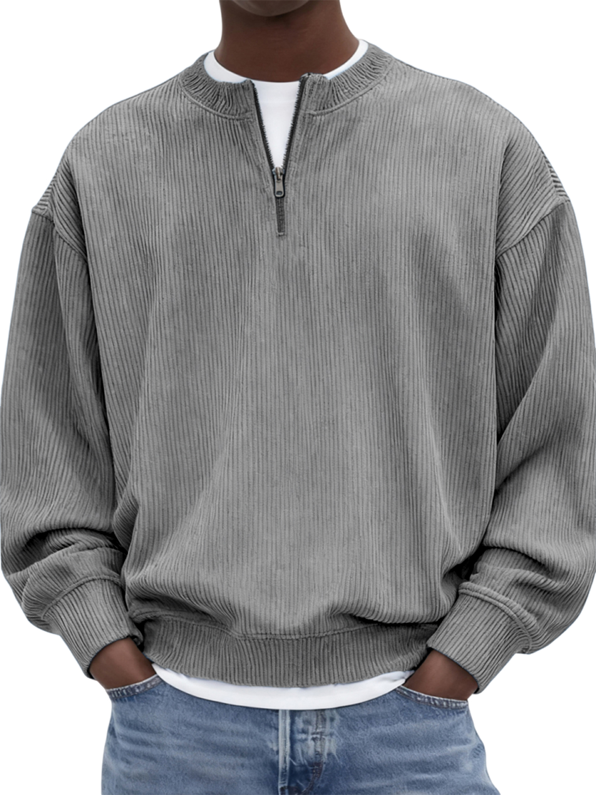 Herren Quarter-Zip Stilvolles Corduroy Langarm-Pullover-deurabatt