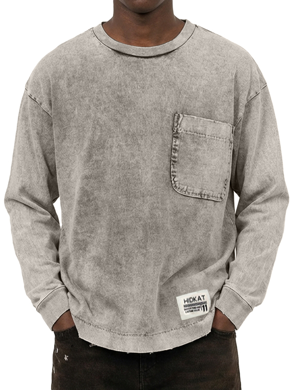 Herren Vintage gewaschenes und beschädigtes Baumwoll-T-Shirt mit langen Ärmeln-deurabatt