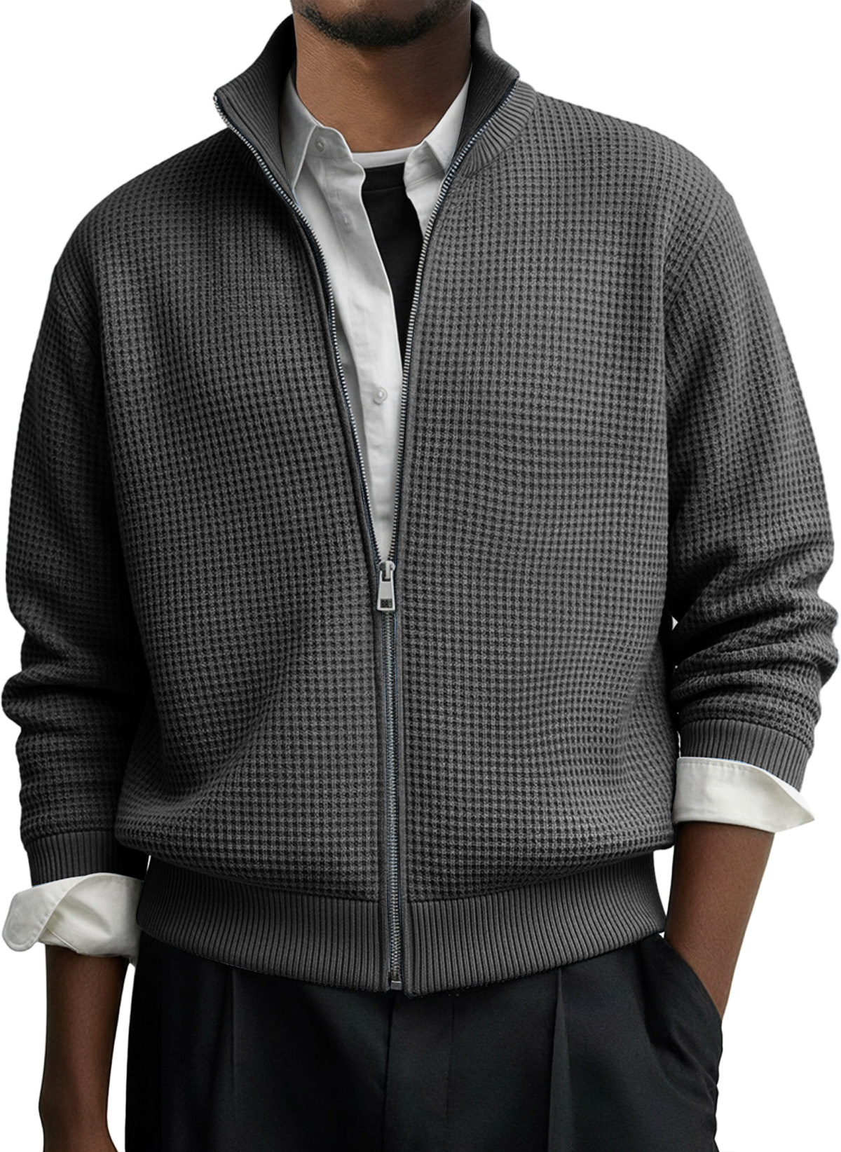 Herren Freizeit Einfarbig Waffel Reißverschluss Langarmjacke-deurabatt