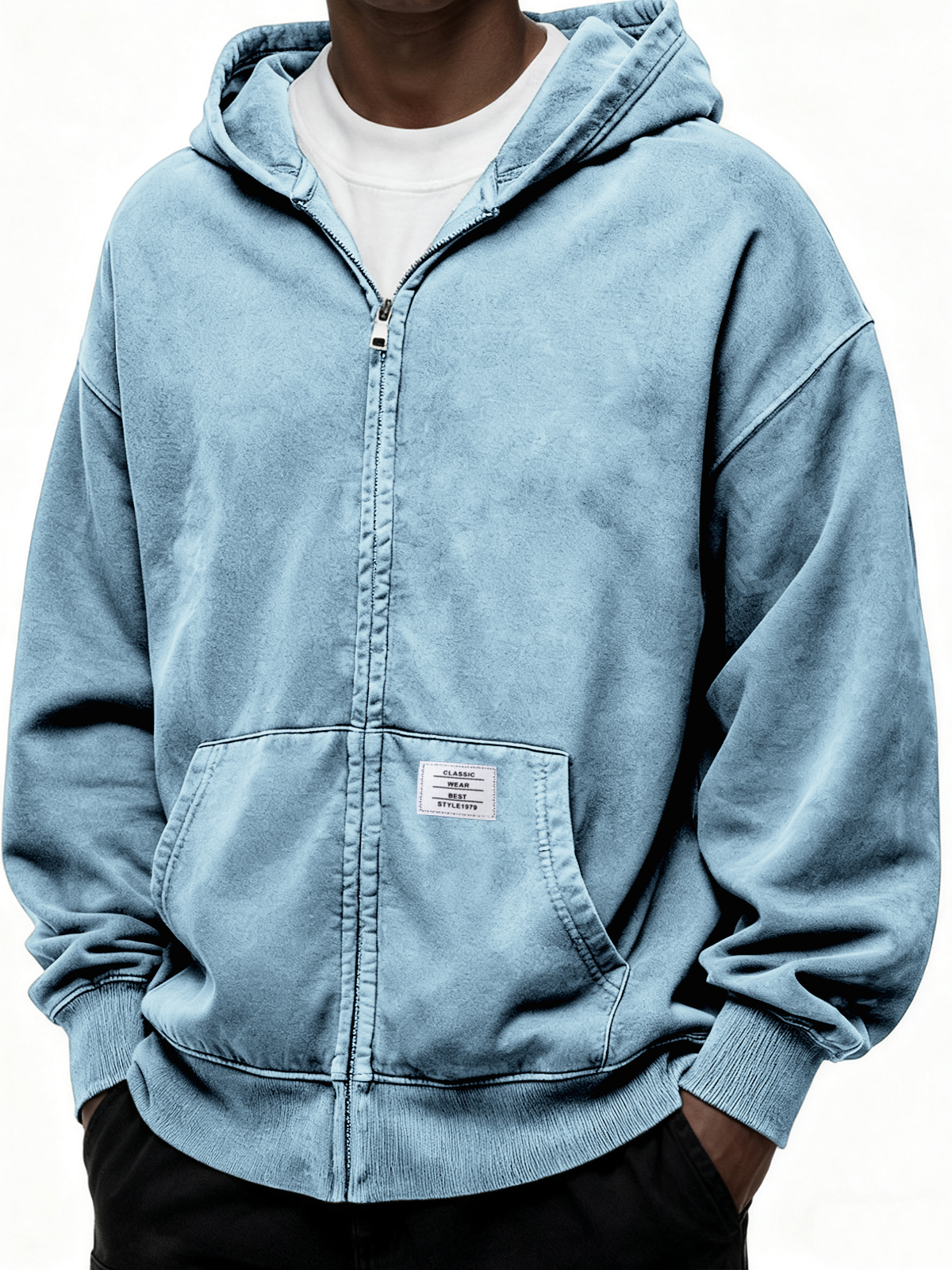 Schwergewicht Kapuzen-Full-Zip Cardigan Sweatshirt mit Kängurutasche und Etikett-deurabatt
