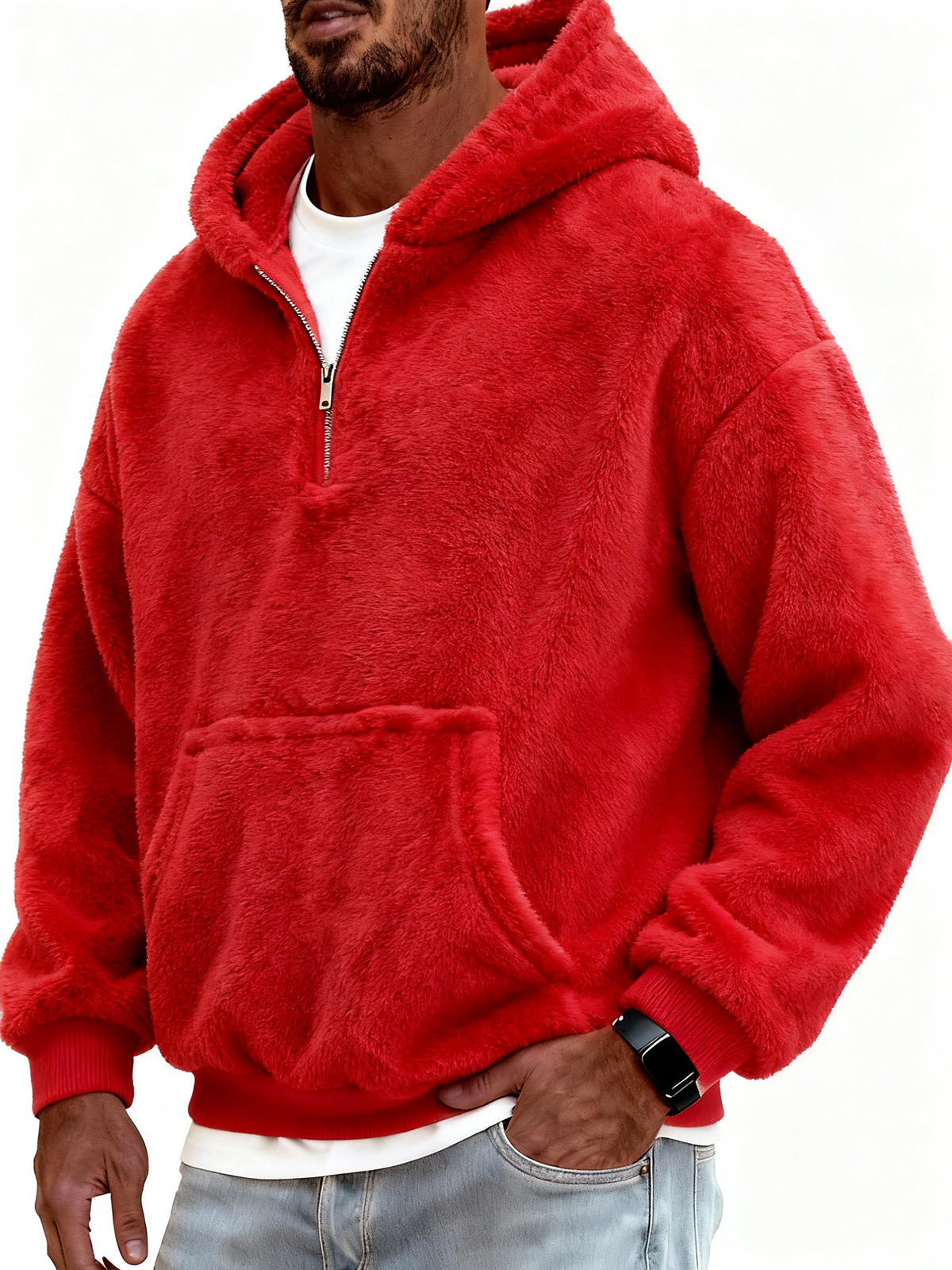 Herren Stylischer Korallenfleece Kapuzenpullover mit Kängurutaschen und einem Viertelreißverschluss-ZierMode