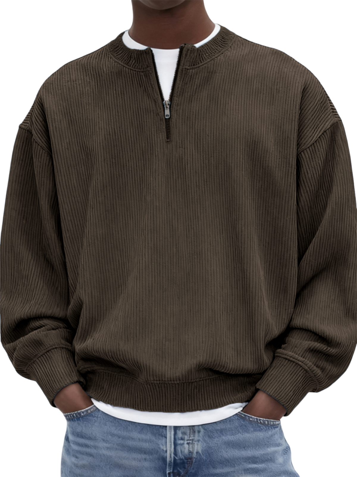 Herren Quarter-Zip Stilvolles Corduroy Langarm-Pullover-deurabatt