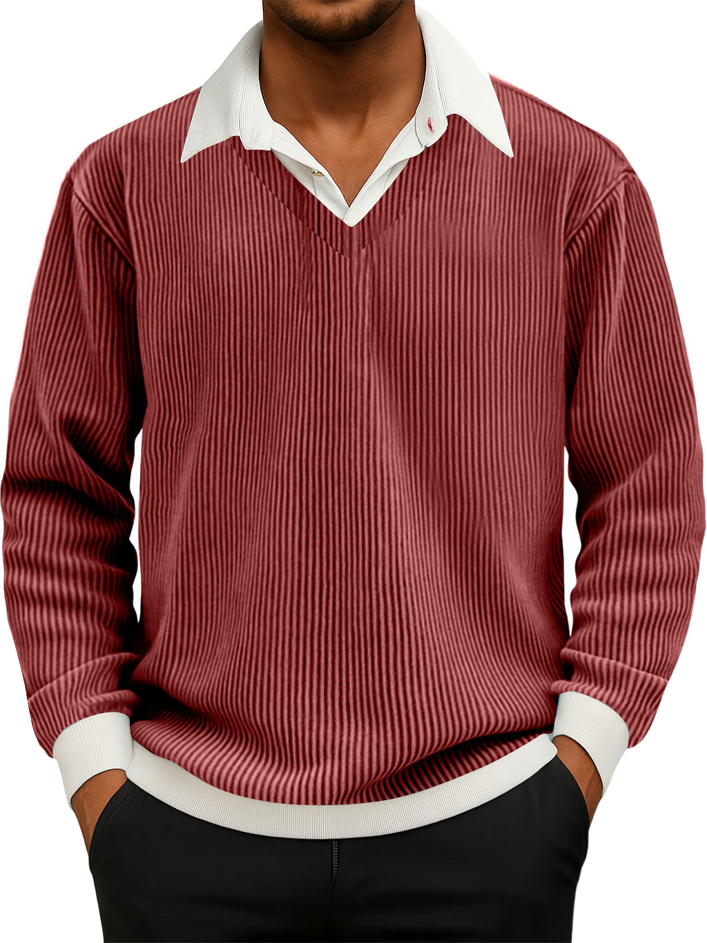 Herren Freizeit Faux Zwei-Teiliges Rippkragen Langarm Sweatshirt-deurabatt