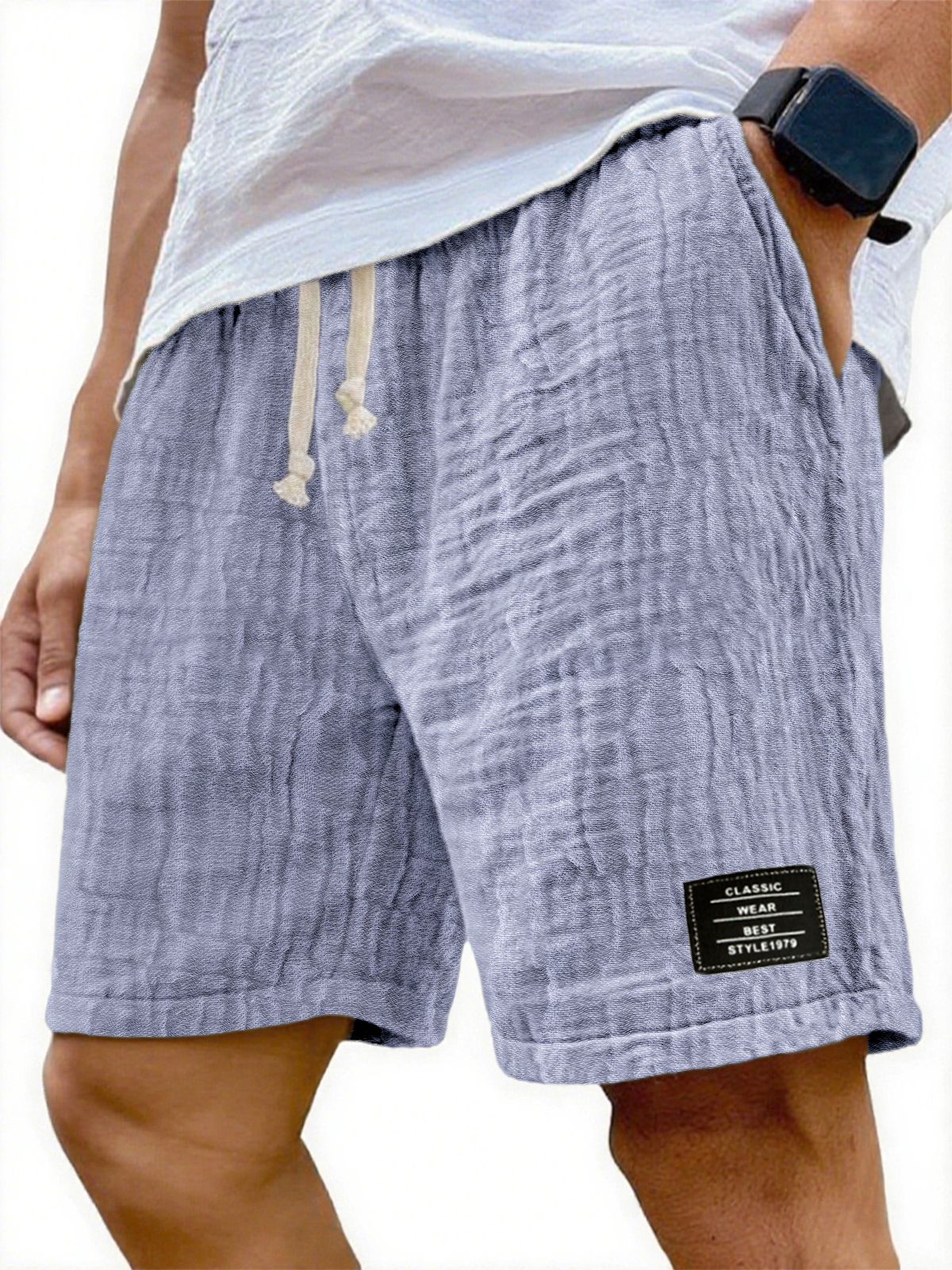 Herren Soft Crinkled Gauze Atmungsaktive Urlaub Bestickte Schnürshorts