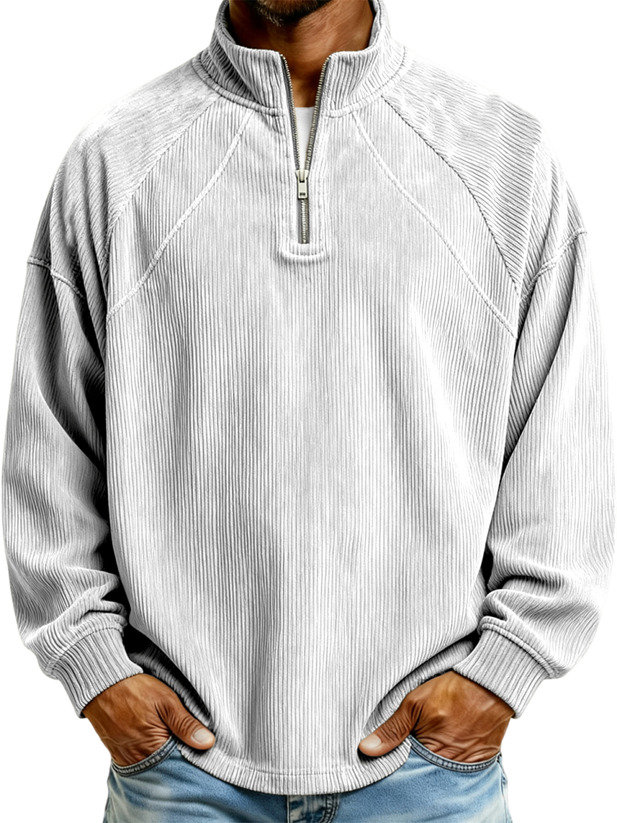 Herren Einfaches Corduroy Geripptes Viertel-Reißverschluss Raglan Ärmel Pullover Polo-Shirt-deurabatt