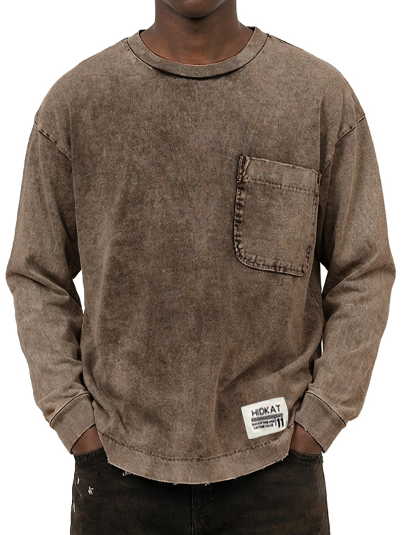 Herren Vintage gewaschenes und beschädigtes Baumwoll-T-Shirt mit langen Ärmeln-deurabatt