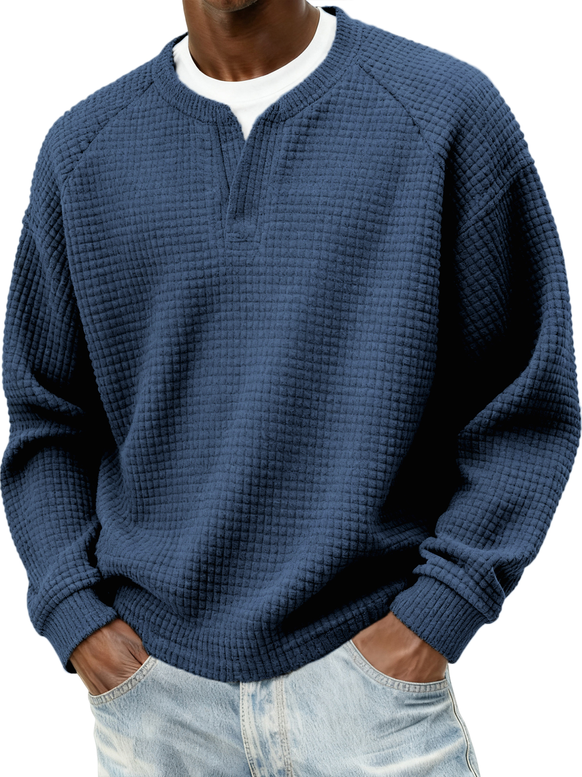 Herren Stylischer Cord Waffel Fake Zweiteiler V-Ausschnitt Raglan Ärmel Pullover Sweatshirt-ZierMode