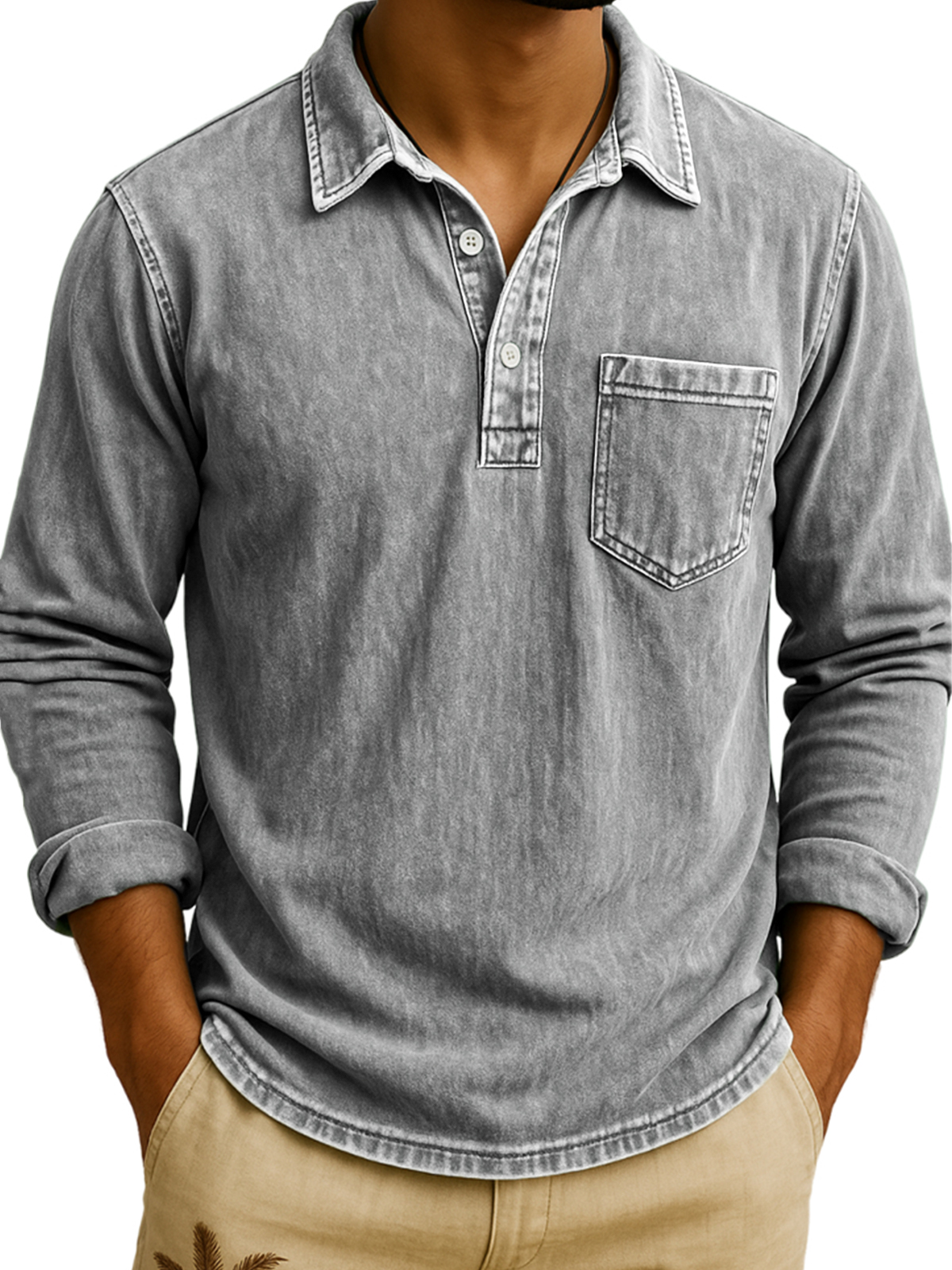 Herren Vintage Langarm-Polohemd mit Brusttasche-deurabatt