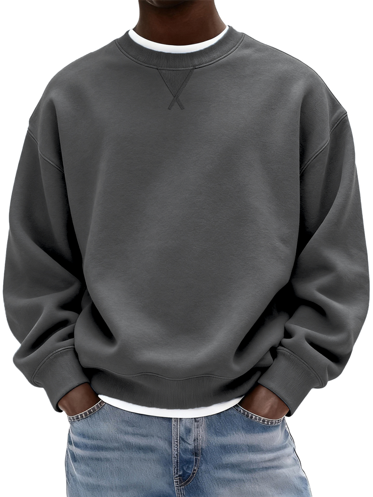 Herren Schwergewicht Baumwolle X-Stich Rundhals Basic Pullover Sweatshirt-deurabatt
