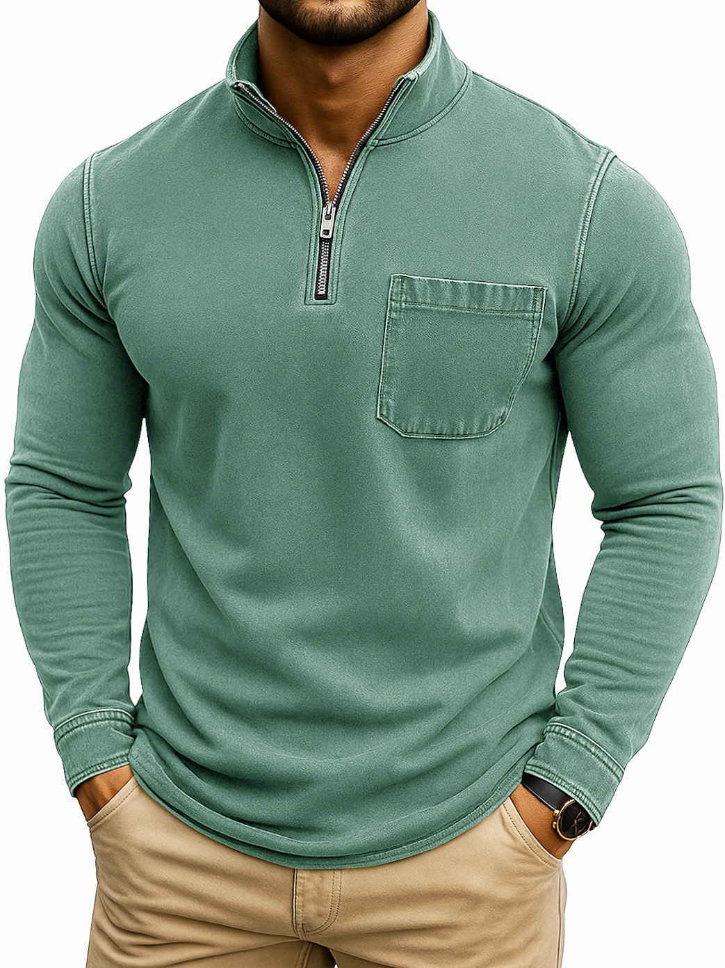 Herren Retro Casual Gewaschen Abgenutzt Viertel Reißverschluss Tasche Langarm T-Shirt-deurabatt