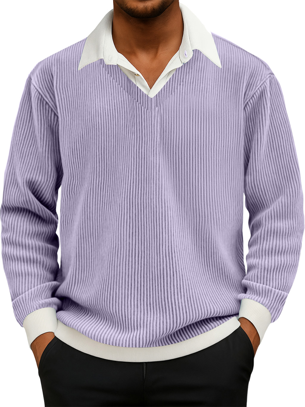 Herren Freizeit Faux Zwei-Teiliges Rippkragen Langarm Sweatshirt-deurabatt