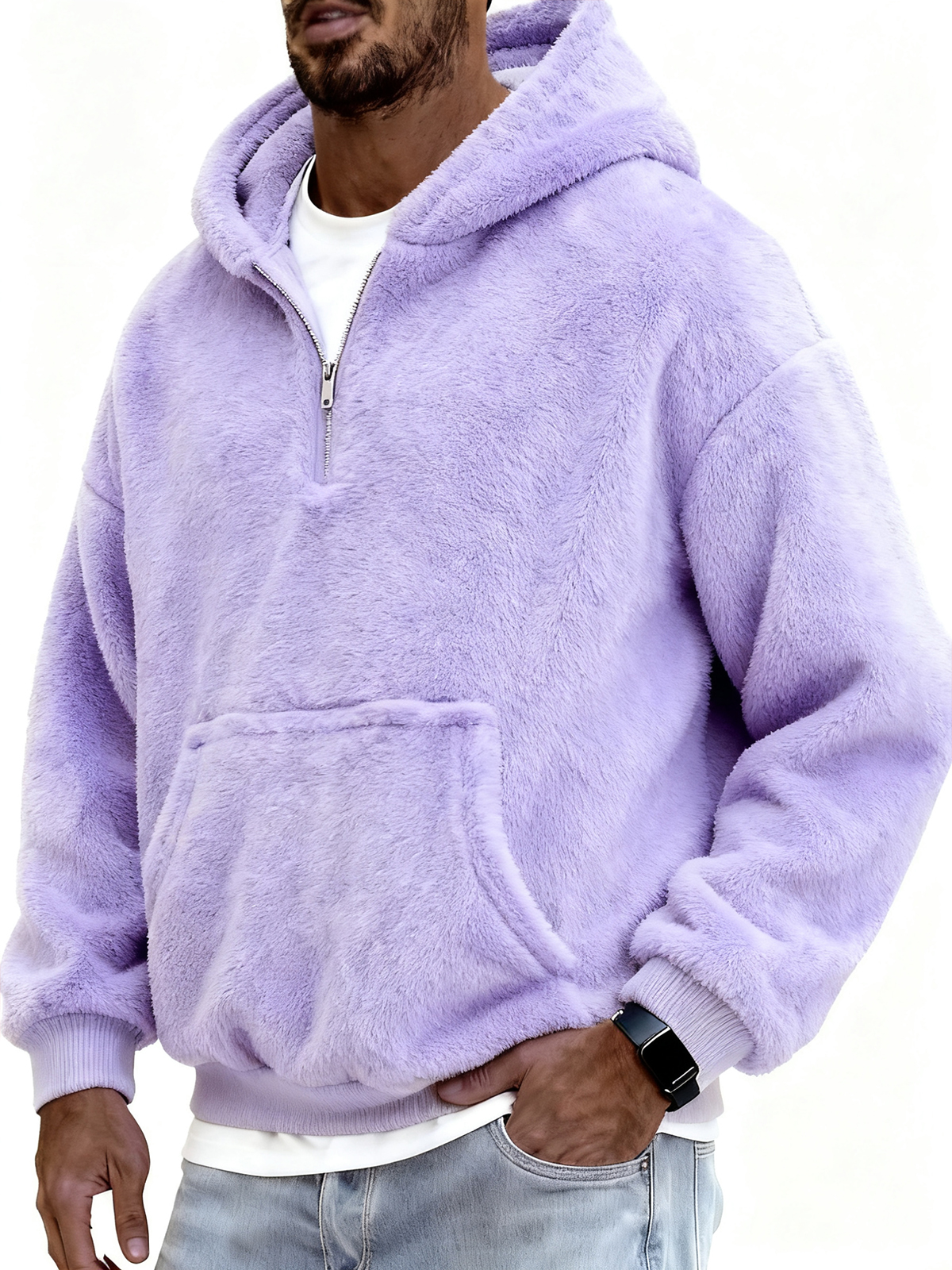 Herren Stylischer Korallenfleece Kapuzenpullover mit Kängurutaschen und einem Viertelreißverschluss-ZierMode