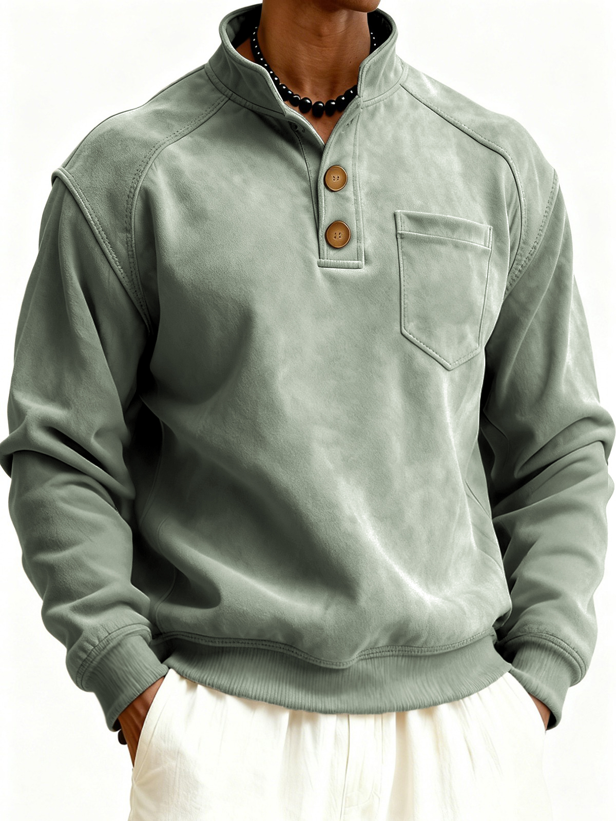 Herren Faux Suede Raglanärmel Button-down Stehkragen Pullover Sweatshirt mit Brusttasche-deurabatt