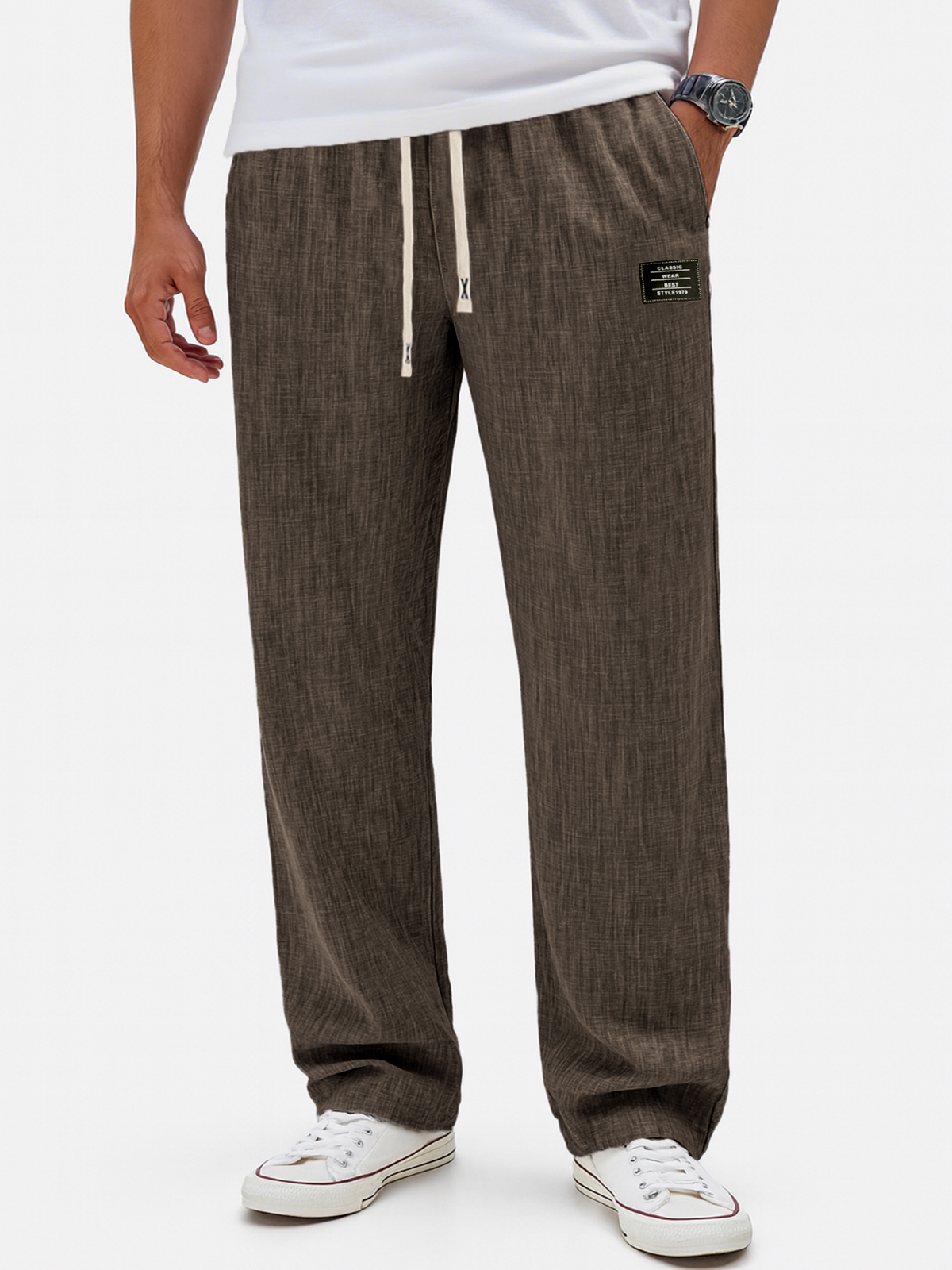 Herren Atmungsaktive Leinen Crinkle Freizeit Jogginghose mit Bestickten Etiketten-deurabatt
