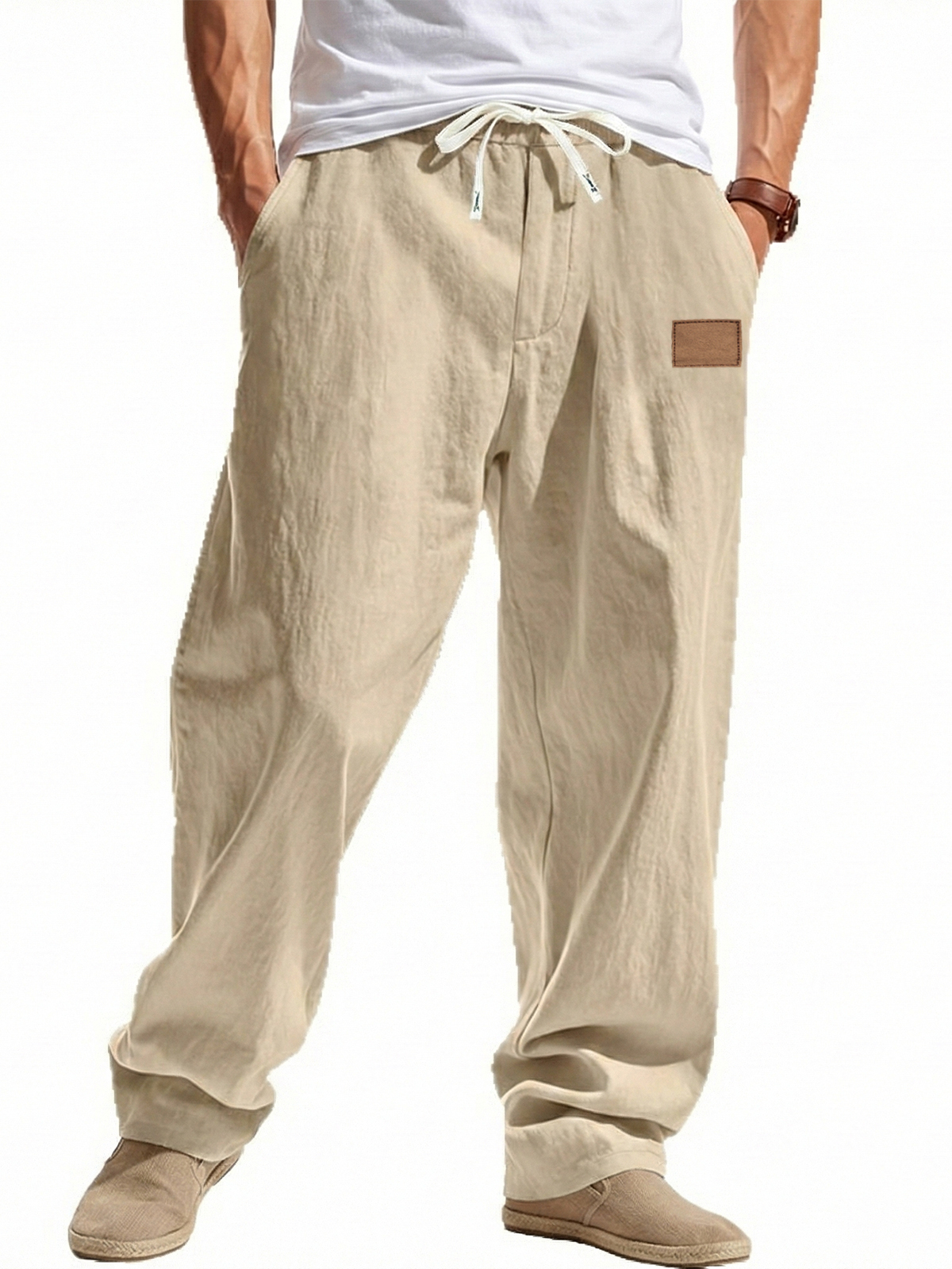 Lässige Leinen-Baumwoll-Hose mit weitem Bein und besticktem Etikett-deurabatt
