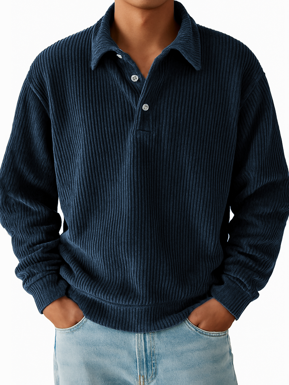 Herren Vintage Corduroy Pit Gestreiftes Lässiges Langarm Polohemd-deurabatt