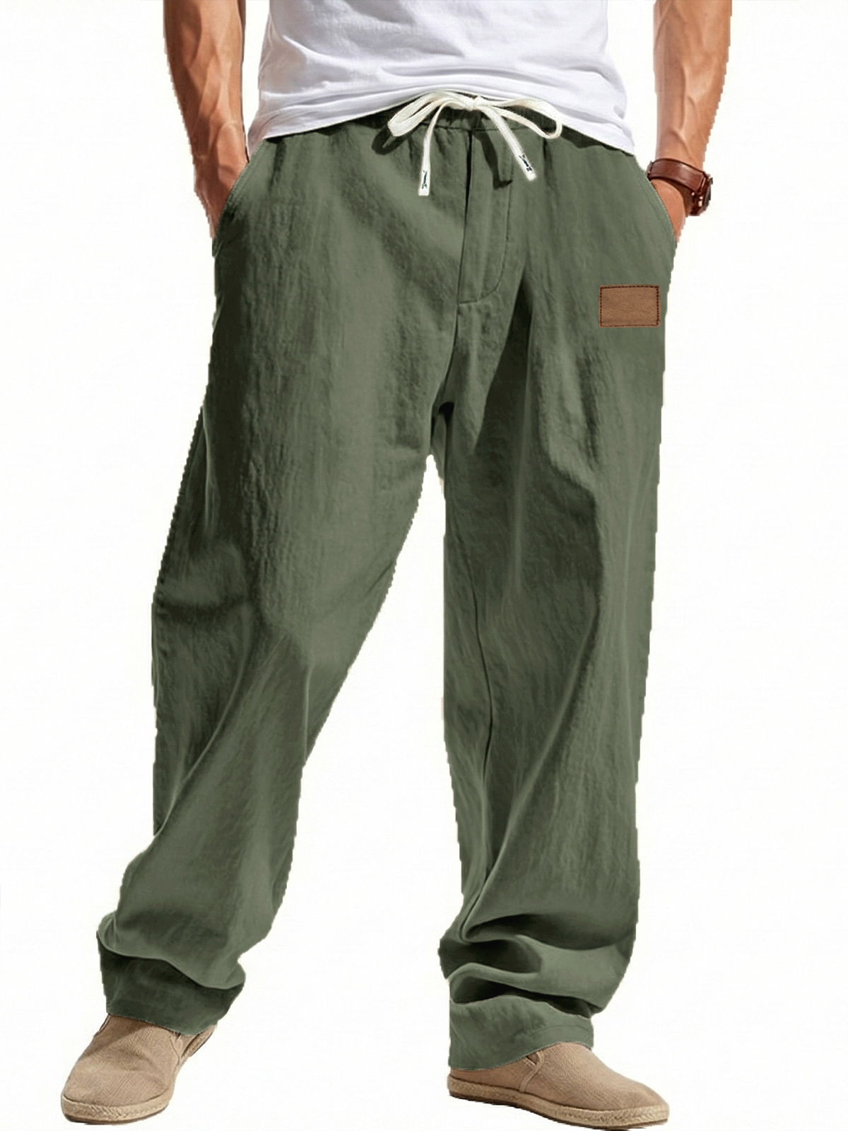 Lässige Leinen-Baumwoll-Hose mit weitem Bein und besticktem Etikett-deurabatt