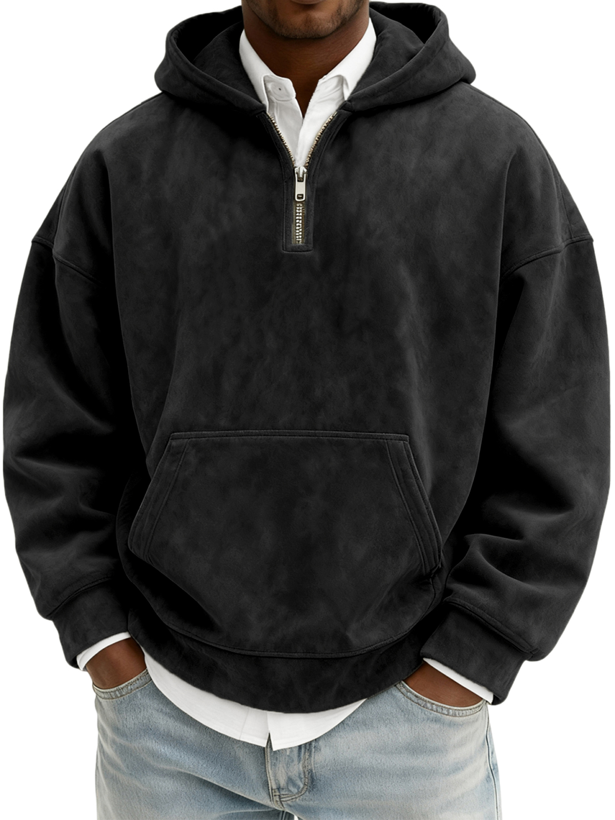 Herren Vintage Wildleder Viertel-Reißverschluss Kapuzenpullover mit Kängurutasche-deurabatt