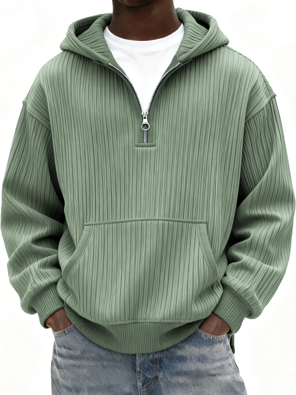Herren Rippstrick Viertel Reißverschluss Hoodie mit Kängurutasche-deurabatt
