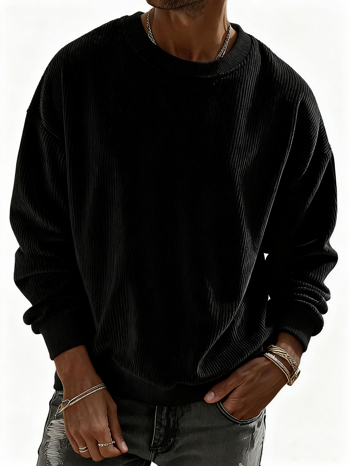 Herren Pullover Sweatshirt aus einfarbigem Cordstoff mit Streifen-deurabatt