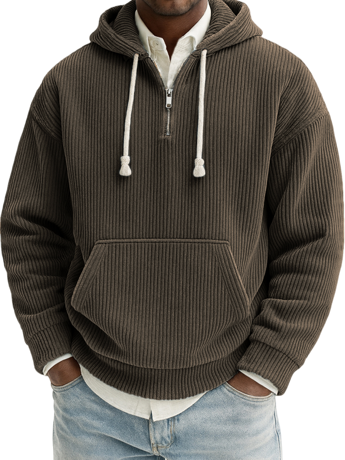 Herren Stilvoller Viertelreißverschluss Corduroy Gerippt Freizeit Pullover Kapuzen-Sweatshirt-ZierMode