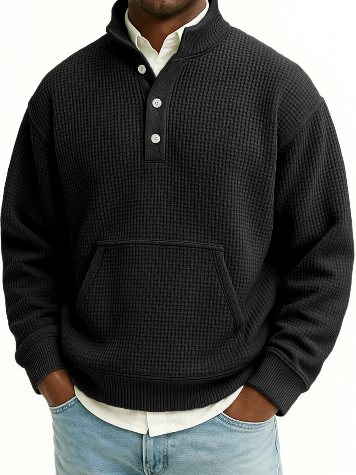 Herren Waffel Viertel Reißverschluss Stehkragen Sweatshirt mit Kängurutaschen-deurabatt