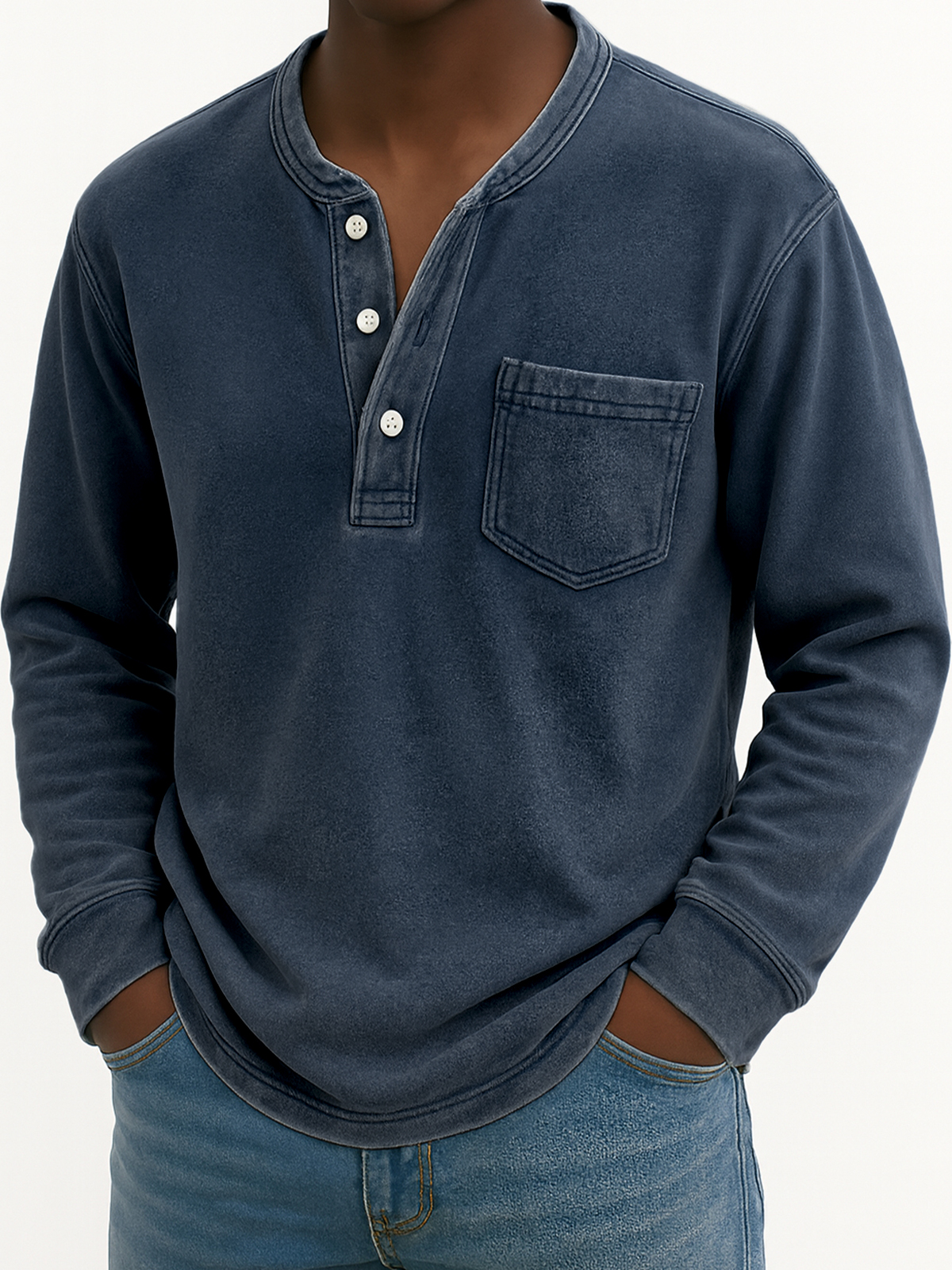 Herren Vintage Abgenutztes Taschen Freizeit Langarm Henley Shirt-deurabatt