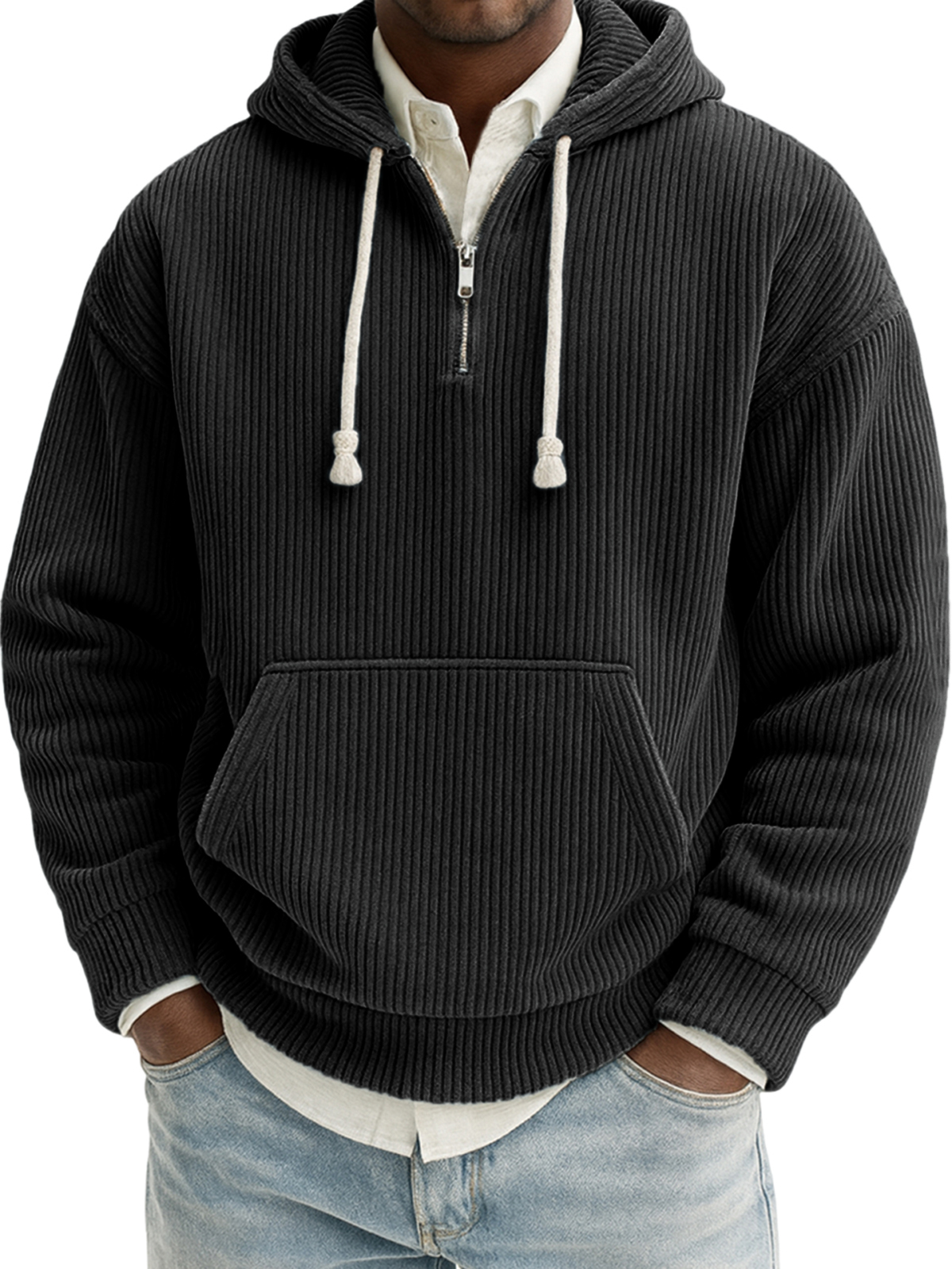 Herren Stilvoller Viertelreißverschluss Corduroy Gerippt Freizeit Pullover Kapuzen-Sweatshirt-deurabatt