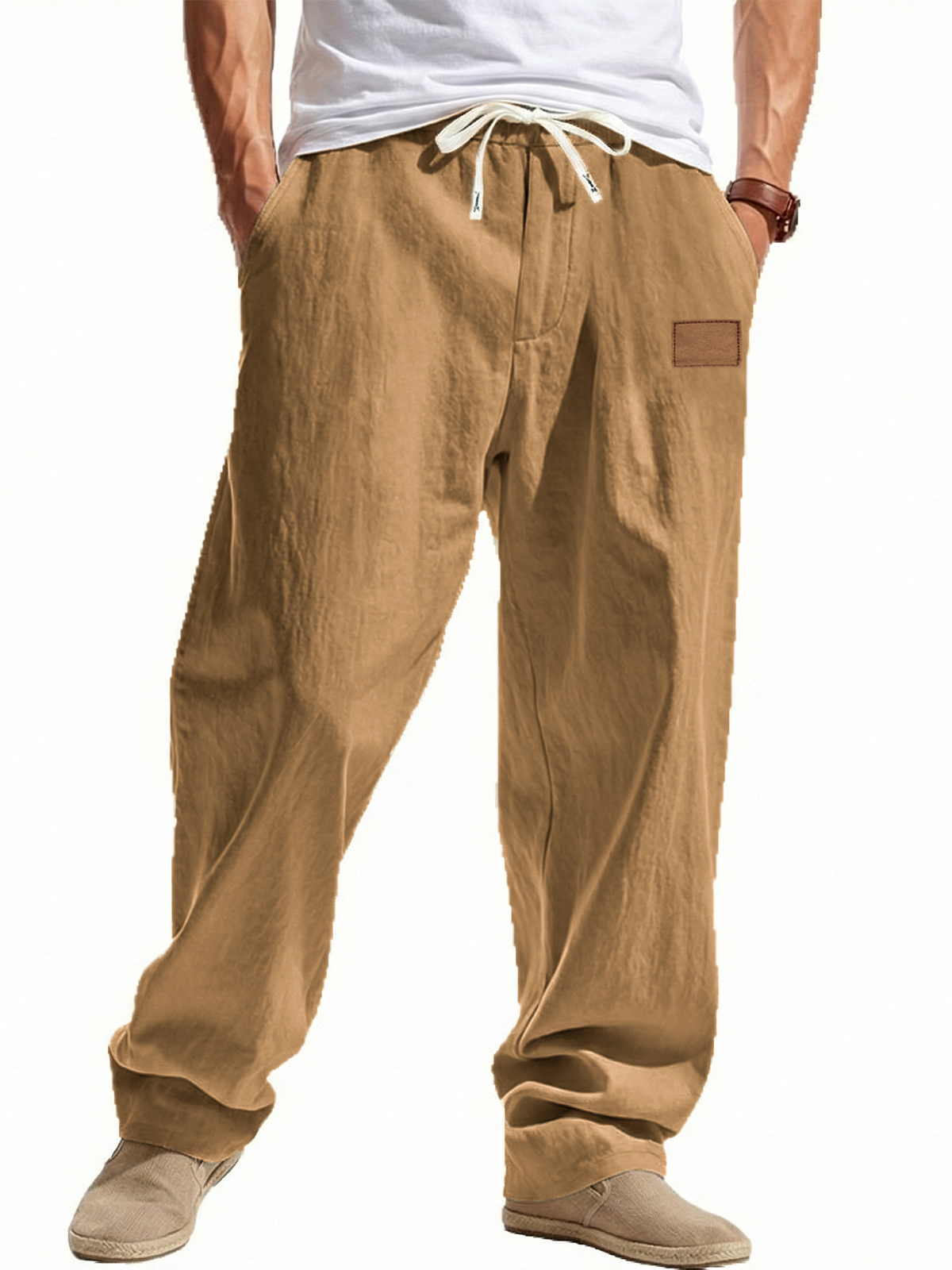 Lässige Leinen-Baumwoll-Hose mit weitem Bein und besticktem Etikett-deurabatt