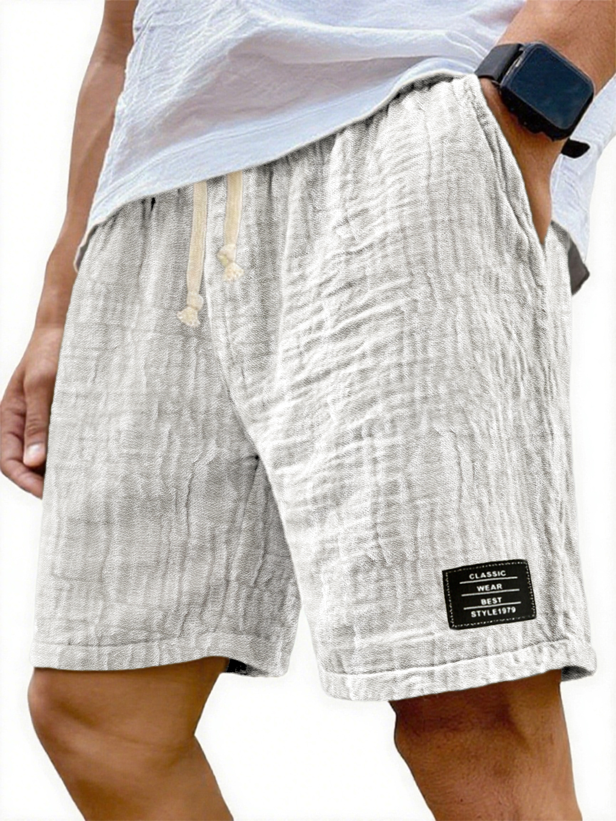 Herren Soft Crinkled Gauze Atmungsaktive Urlaub Bestickte Schnürshorts