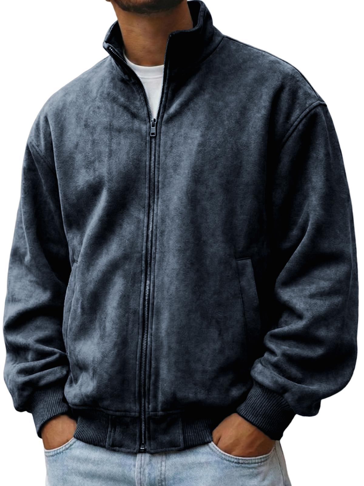Herren-Komfortjacke aus strukturiertem Faxu-Wildleder mit Reißverschluss-deurabatt