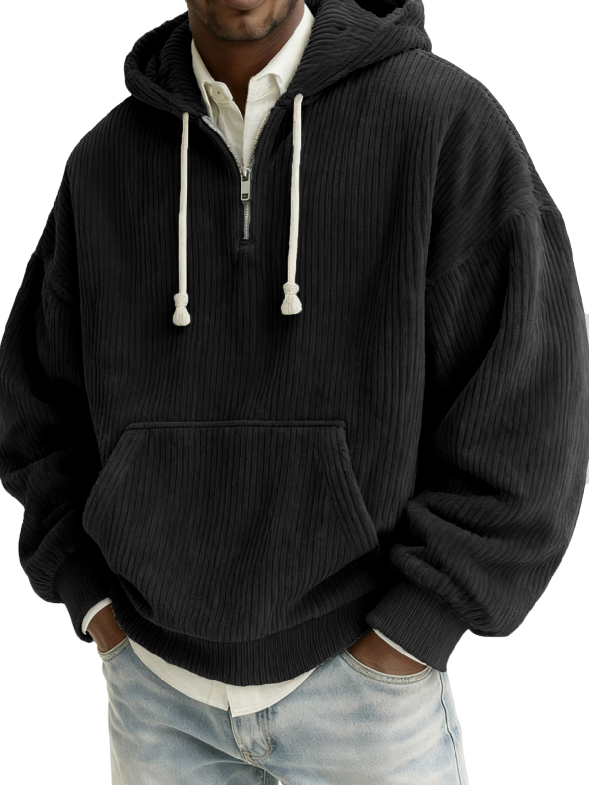 Herren Stylischer Viertelreißverschluss Corduroy Kapuzenpullover mit Kängurutaschen-deurabatt