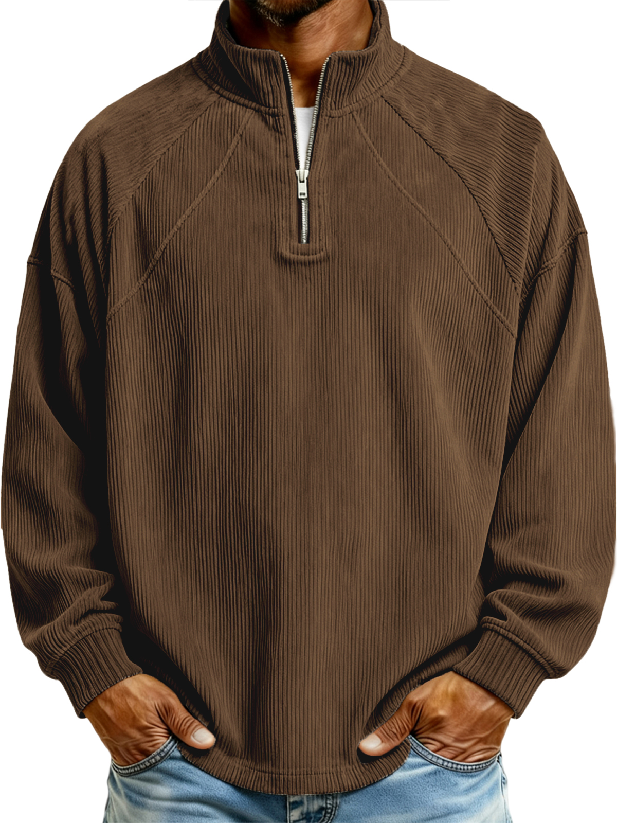 Herren Einfaches Corduroy Geripptes Viertel-Reißverschluss Raglan Ärmel Pullover Polo-Shirt-deurabatt