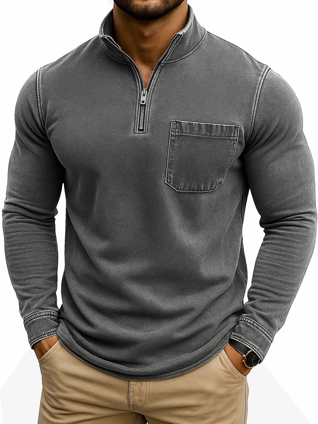 Herren Retro Casual Gewaschen Abgenutzt Viertel Reißverschluss Tasche Langarm T-Shirt-deurabatt