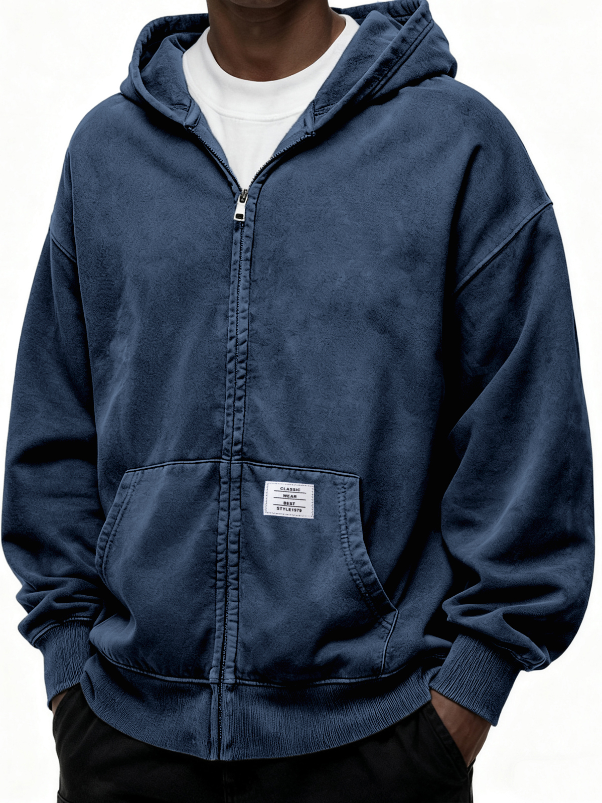 Schwergewicht Kapuzen-Full-Zip Cardigan Sweatshirt mit Kängurutasche und Etikett-deurabatt