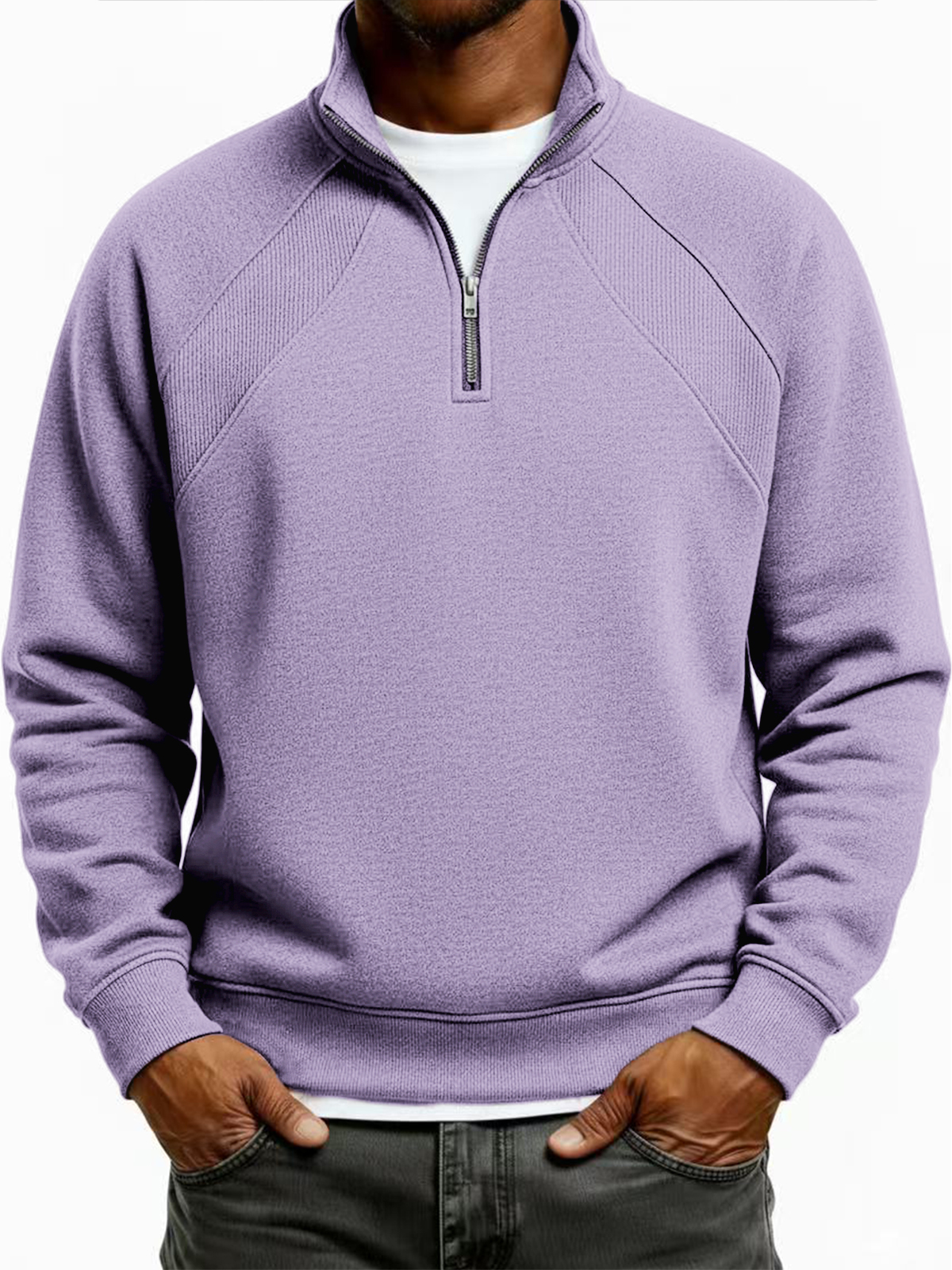 Herren Quarter-Zip Ripp-Raglan Texturiertes Dekonstruiertes Pullover Sweatshirt-deurabatt